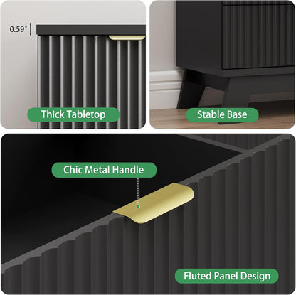 Fluted Dresser for Bedroom with 6 Drawers, 46" Tall Modern Chest of Drawers with Metal Handle, Wooden Dresser TV Stand, Wood Closet Clothes Storage Organizer for Living Room, Hallway, Black