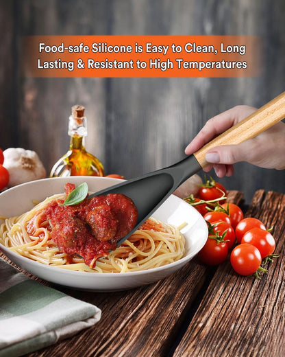 Multifunction Spatula Spoon for Nonstick Cookwares, Great for Cooking and Serving, Sturdy BPA-Free Matte Silicone, Wood Handle Spatula for Mixing, Scoop, and Scrape, Grey(2 pack,11.4" & 13.4")