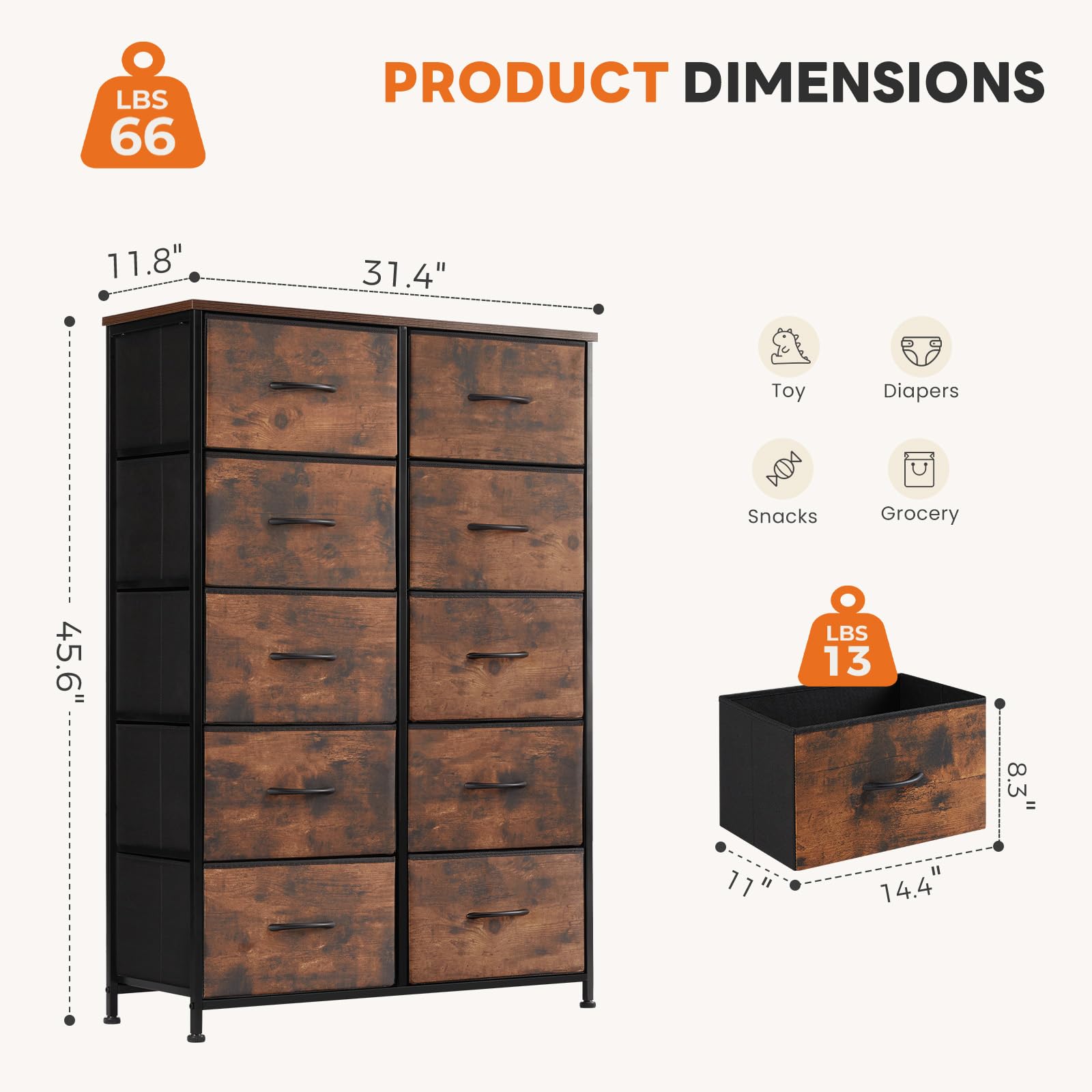 Sweetcrispy 10 Drawer Tall Dresser for Bedroom & Living Room, Brown