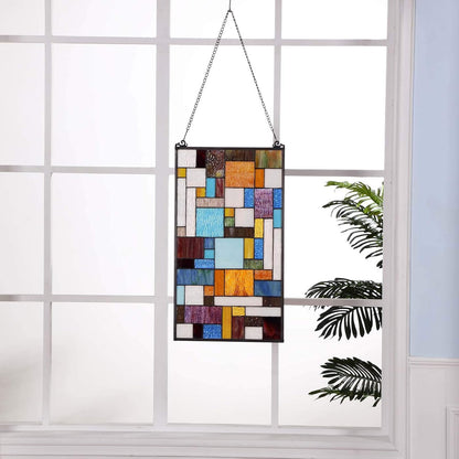 Bieye Geometric Color Block Tiffany Style Stained Glass Window Panel with Hanging Chain (13x24 inches W10024)