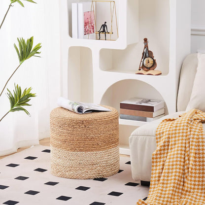 Wimarsbon 18'' Pouf Ottoman, Natural Braided Poof, Round Poufs, Rustic Handweave Lounge Pouffe, Boho Footrest Stool for Bedroom, Accent Table or Seat for Patio, Living Room