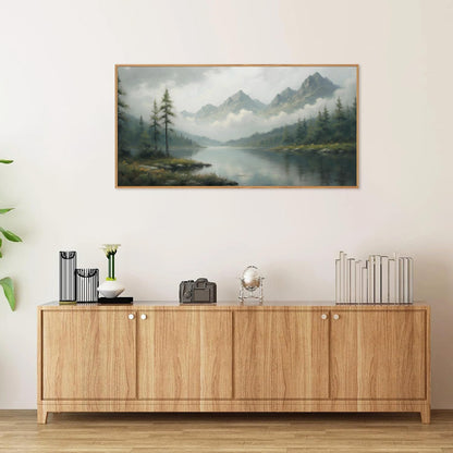 SIGNINART Large Misty Mountain Framed Canvas Wall Art, Green Forest River Scenery Wall Decor, Modern Foggy Wooden Landscape Artwork, Oil Style Nature Art Print for Living Room Bedroom Office 20"x40"