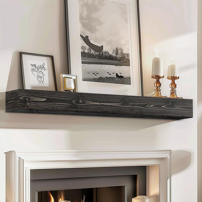 48x8x5 Fireplace Mantel - Handcrafted Hollow Rustic Solid Wood Wall Mounted Floating Shelf with Invisible Heavy Duty Wood Bracket (Weathered Black)