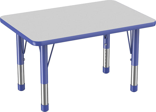FDP Rectangle Activity School and Classroom Kids Table (24 x 36 inch), Chunky Toddler Leg, Adjustable Height 15-24 inches - Gray Top and Blue Edge