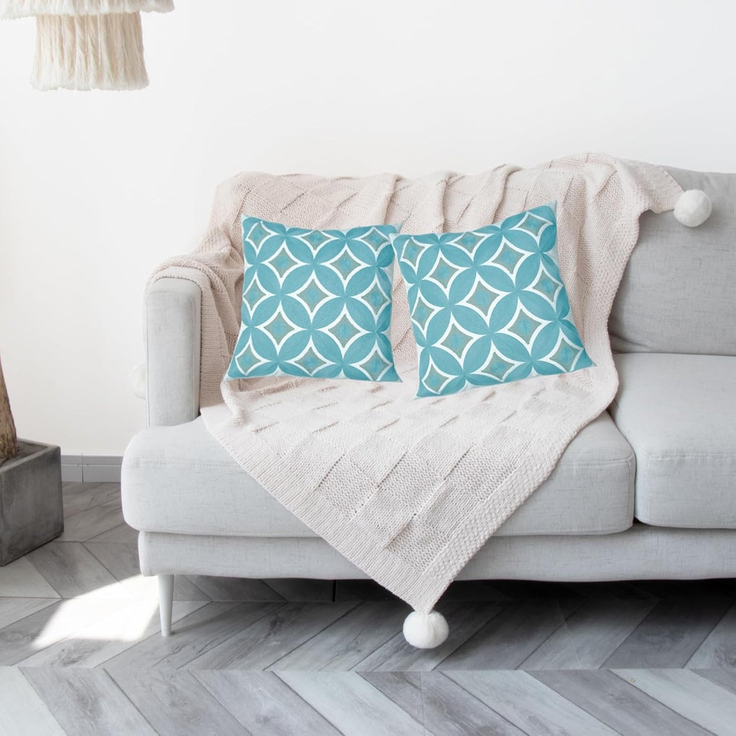 Embroidered Decorative Throw Pillow Cover, 18"x18" Set of 2, Farmhouse Pillowcase Blue Knit Pattern Cotton Canvas Cushion Case Square Floral Pillow Case for Sofa Couch Bed Living Room