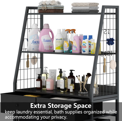 Laundry Hamper Laundry Basket with 3 Section Pull-Out Rolling Bags & 2-Tier Storage Shelf, Laundry Sorter for Organization and Storage with 2 Drawers for Laundry Room, Bathroom