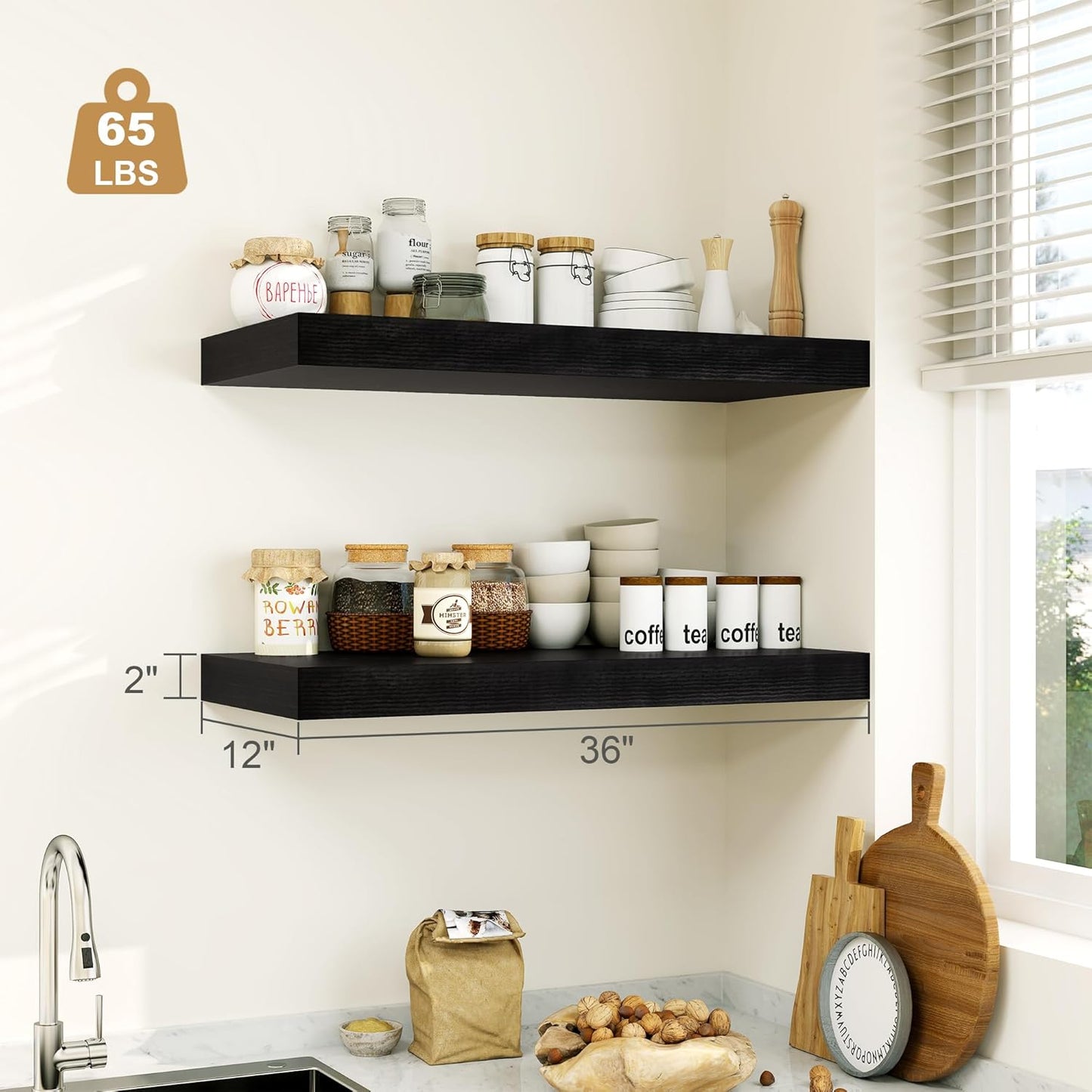 Heimlove 12" Deep Floating Shelves Black,Over Toilet Long Wall Mounted Modern Farmhouse 36 inches,Wall Shelves with Invisible Brackets for Bedroom, Bathroom, Living Room, Kitchen, Set of 1