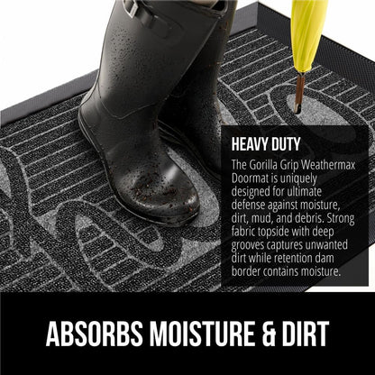 GORILLA GRIP 100% Waterproof All-Season WeatherMax Doormat, US Designed Natural Rubber, Stain and Fade Resistant, Low Profile Indoor Outdoor Door Mats, Easy Clean Patio Mat, 17x29, Charcoal Hello