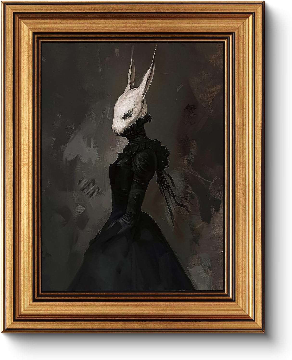 HUARCEY Gold Framed Vintage Wall Art Canvas Prints Gothic Room Decor Vintage Rabbit Lady Wall Decor, Aesthetic Dark Academia Halloween Pictures Oil Painting Goth Decorations 8x10in