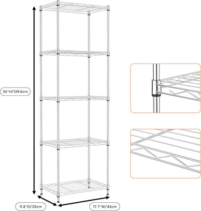 5 Tiers Shelf Metal Storage Shelves Wire Rack Closet Organizers with Wheel for Garage Kitchen Bathroom Laundry Chrome 11.8" D x 17.7" W x 55" H