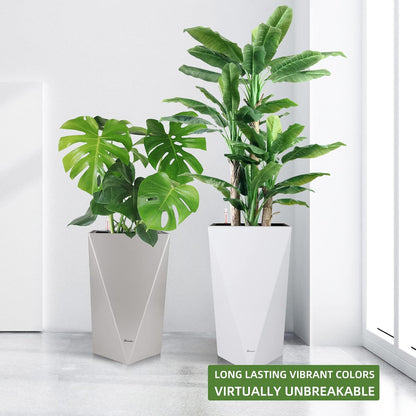 Dexceder 20 Inches Tall Self Watering Planter Diamond Metallic Matte Indoor Outdoor, Thickened Rhombus Large Floor Standing Flower Plant Pot with Water Level Indicator (Gray)
