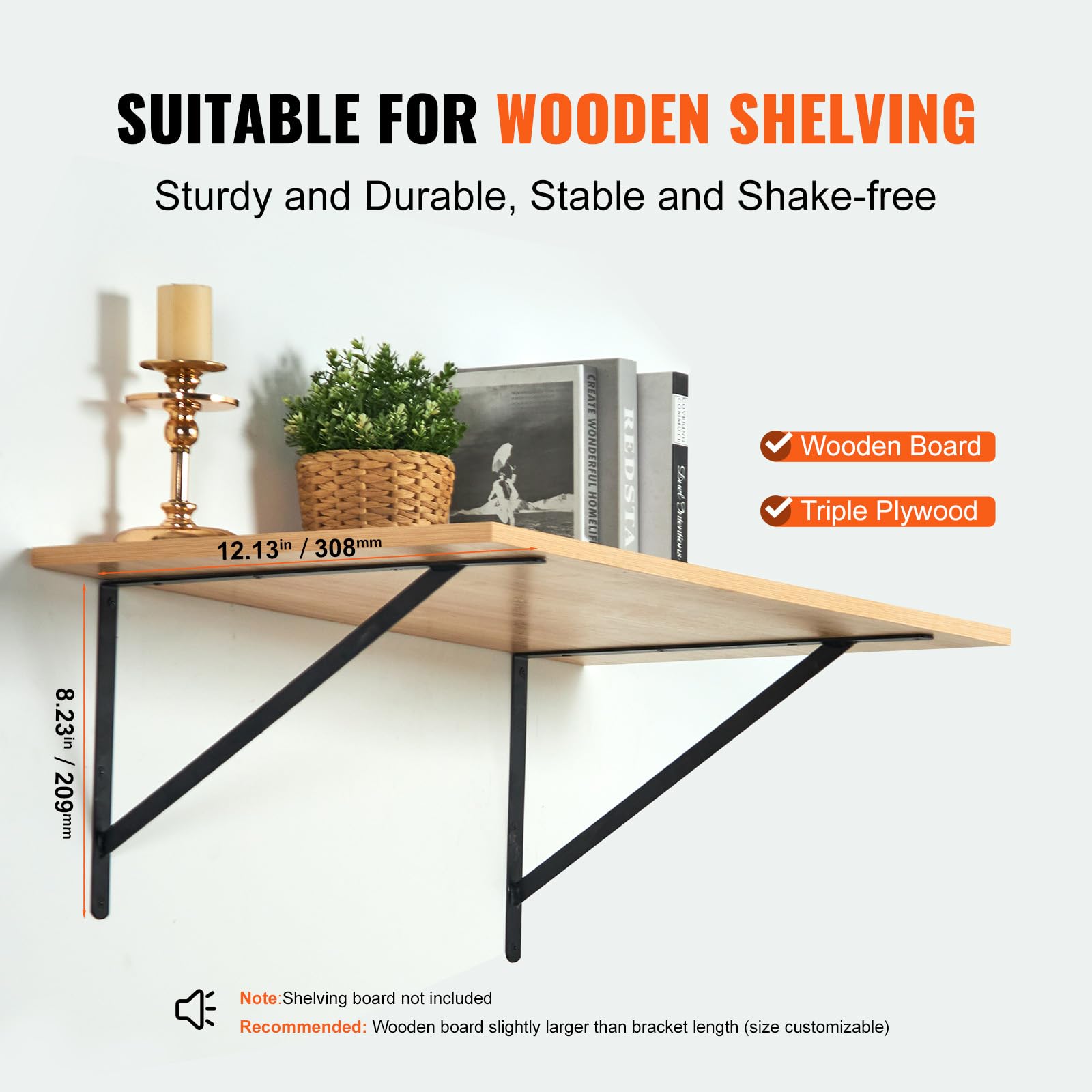 VEVOR Shelf Bracket, 12 x 8 in 10 Pcs, Heavy Duty Floating Shelf Brackets, 3mm Thick Matte Black