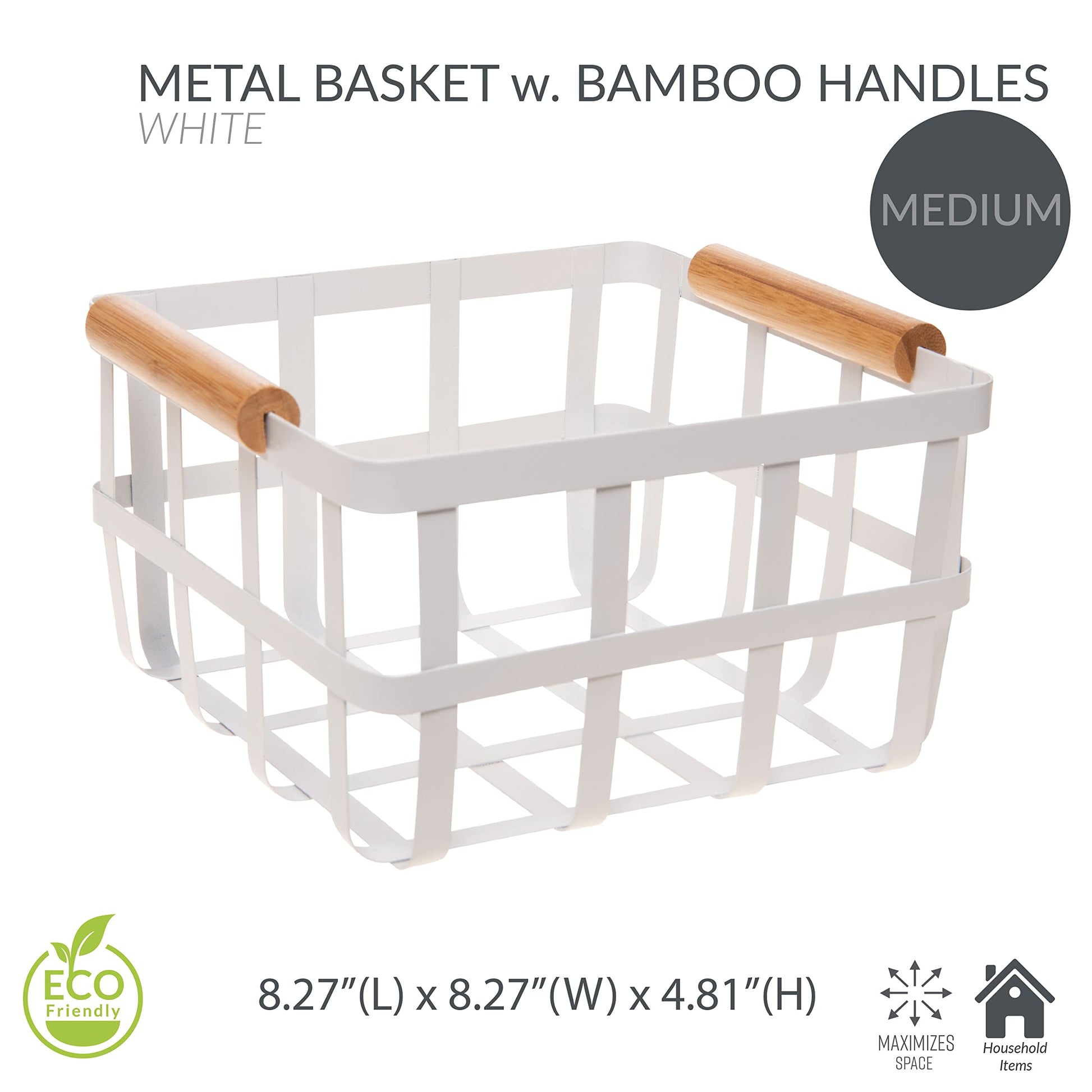 Simplify Square Metal Storage Basket with Bamboo Handles | Medium | Farmhouse Style Wire Basket |