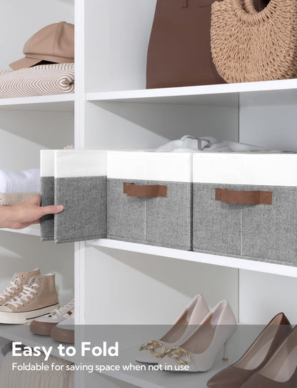 StorageWorks Storage Baskets for Shelves, Foldable Fabric Closet Storage Bins with Handles, Fabric Storage Bins Clothes Organizer, Gray and White, 3-Pack, Large