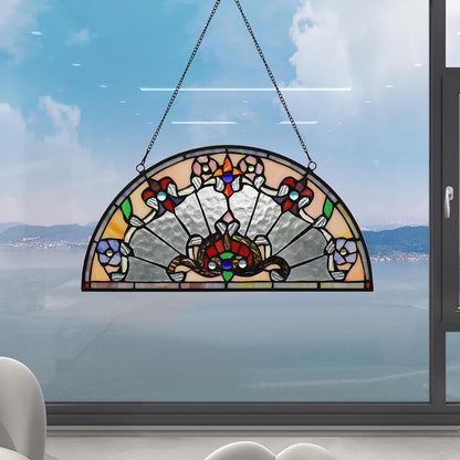YOURANJU Half Moon Stained Glass Window Hanging Tiffany Style 16" x 8" Half-Round Window Panel Housewarming Gift Living Room Bedroom Kitchen Window Decorative Hangings with Chain (Baroque)