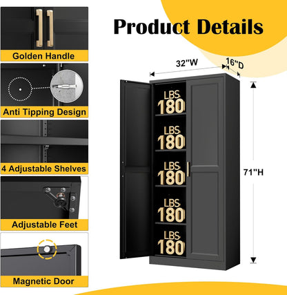 Kitchen Pantry Cabinet,71”Black Metal Pantry Storage Cabinet with Doors and 4 Adjustable Shelves,Kitchen Cabinet with 2 Gold Handles,Tall Cabinet for Livingroom,Pantry, Bathroom