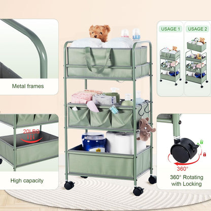Honeydak 2in1 Baby Diaper Caddy Organizer Cart 3 Tier Large Capacity Metal Utility Bedside Rolling Cart with Divider for Newborn Nursery Essential Must Have for Crib Bedroom Baby Shower(Green)