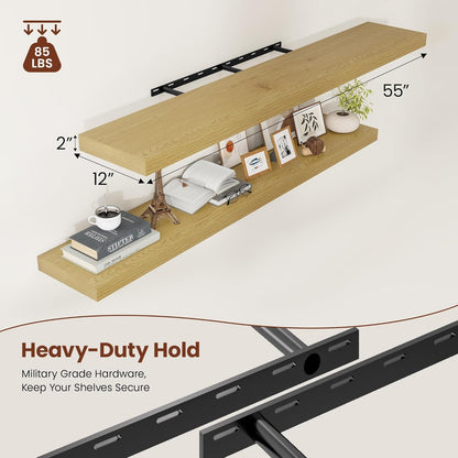 12 Inch Deep Floating Shelves 55 inch Long, 55 x 12 Wide Wall Shelves with Invisible Brackets, Heavy Duty Shelf for Bedroom Bathroom Living Room Kitchen Office Home Decor, Modern Shelf Set of 2, Oak