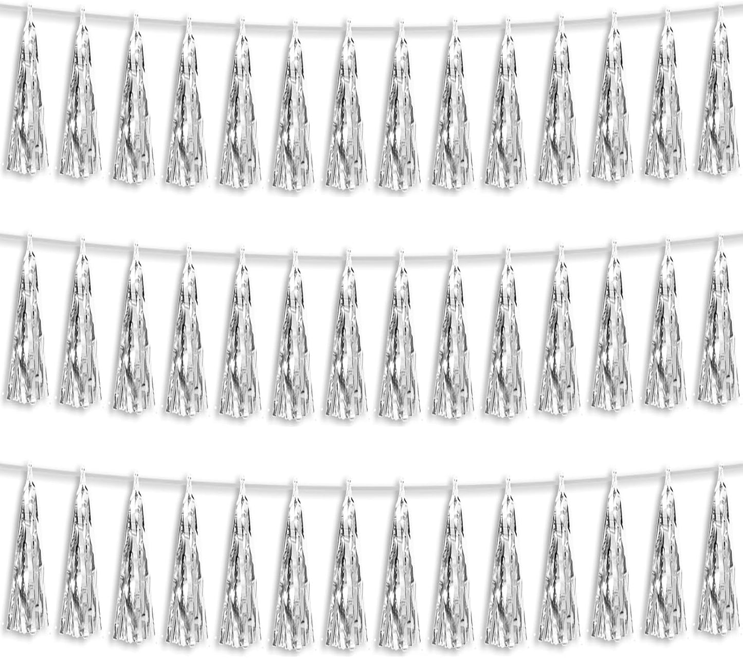 3P Silver Foil Fringe Metallic Tassel Streamers Banner Tassel Garland for Parade Floats, Bachelorette, Wedding, Birthday, Halloween, Christmas, Bridal/Baby Shower Party Decorations