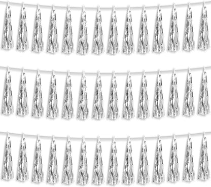 3P Silver Foil Fringe Metallic Tassel Streamers Banner Tassel Garland for Parade Floats, Bachelorette, Wedding, Birthday, Halloween, Christmas, Bridal/Baby Shower Party Decorations