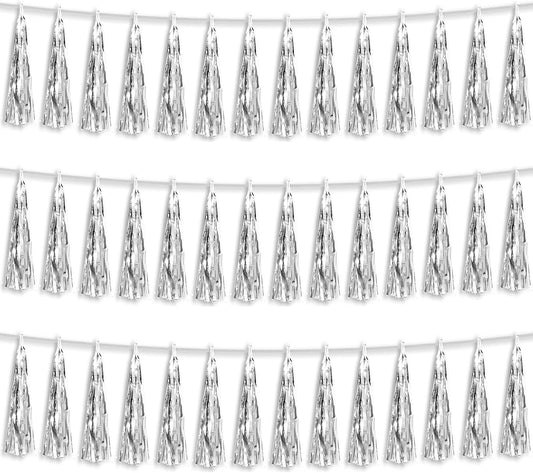 3P Silver Foil Fringe Metallic Tassel Streamers Banner Tassel Garland for Parade Floats, Bachelorette, Wedding, Birthday, Halloween, Christmas, Bridal/Baby Shower Party Decorations