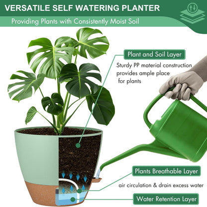 montresor 2 Pack 8 inch Plant Pots, PP Plastic Self Watering Plant Pot with Drainage and Tray for Indoor Outdoor Plants, Water Level Window & Reservoir Flower Pots Decorative Planter (Green)
