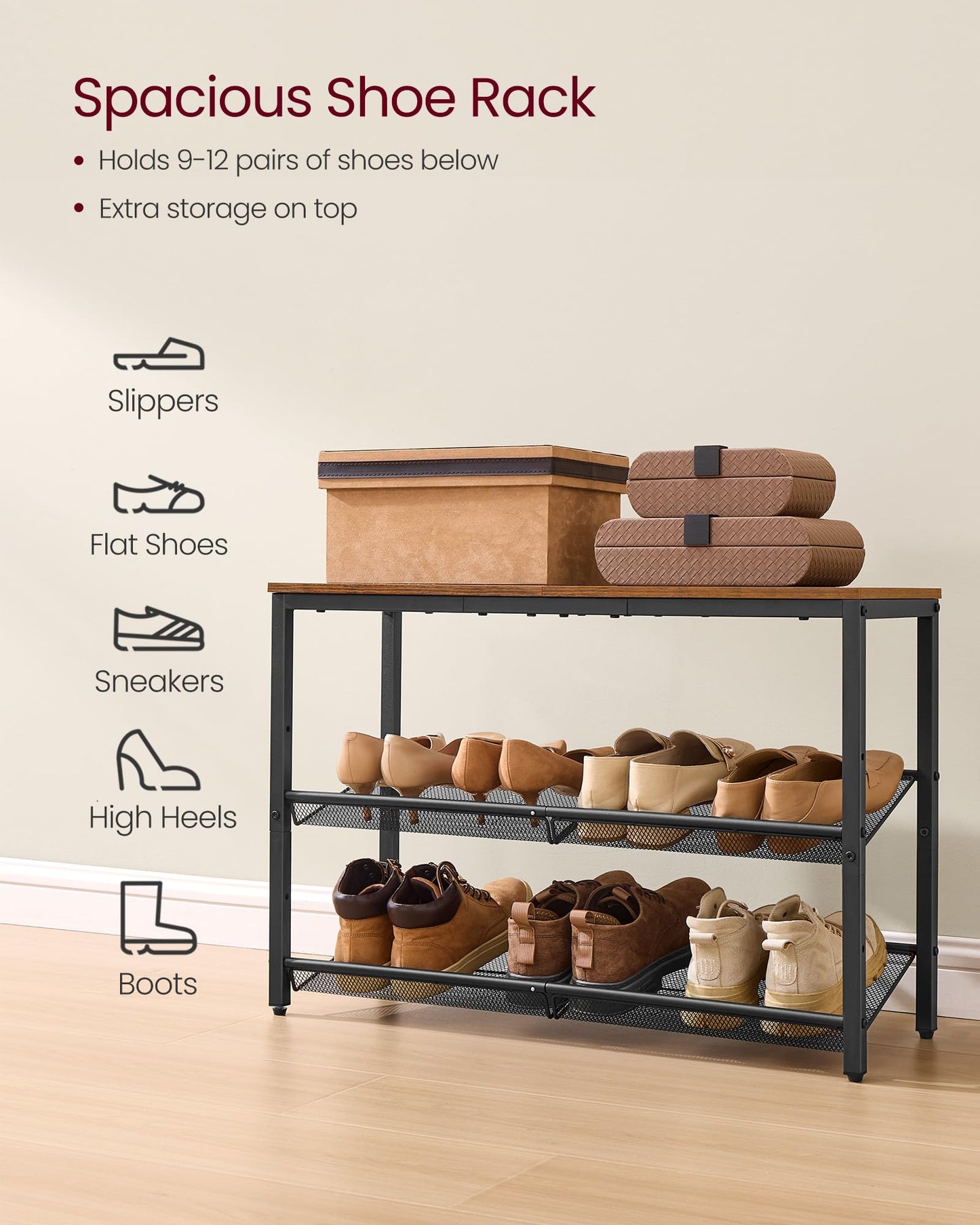 VASAGLE Shoe Rack for Entryway, Freestanding, Adjustable, Industrial