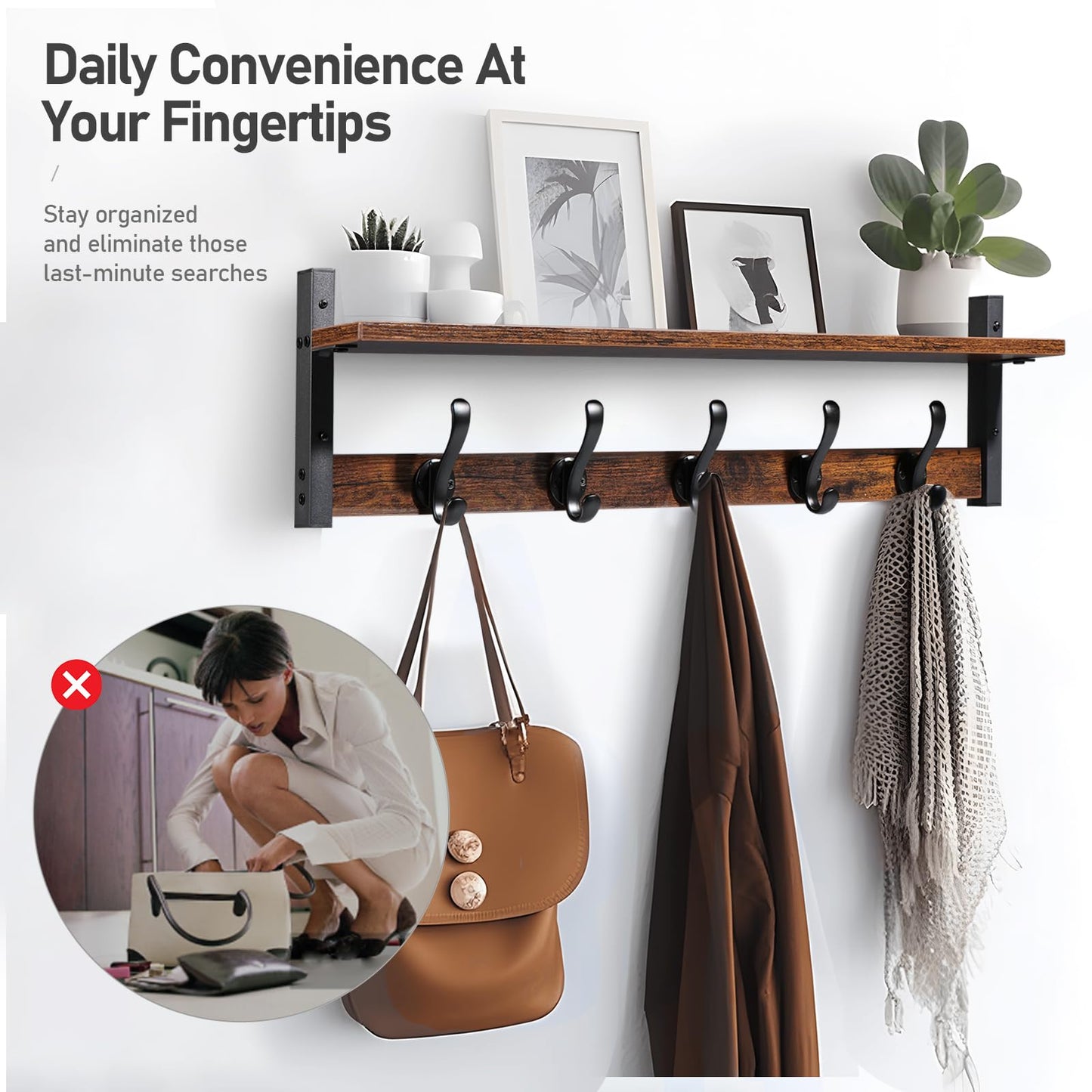 Tatub 29" Rustic Coat Rack Wall Mount with Shelf, Entryway Wall Hooks with Shelf, Coat Hangers for
