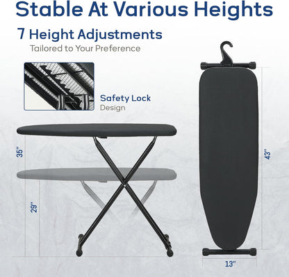 Ironing Board 43x13 with Iron Rest, RAINHOL Compact Iron Board Full Size with Thick Cover and Pad, Easy Storage Hanger with Heat-Resistant Silicone Pad, Space Saving and Height Adjustable, Black