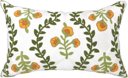 Alysheer Flower Embroidered Summer Decorative Lumbar Throw Pillow Cover 12"x 20", Farmhouse Cottage Orange Floral Green Leaves Patterned Cotton Canvas Cushion Case for Sofa Couch Bed Living Room