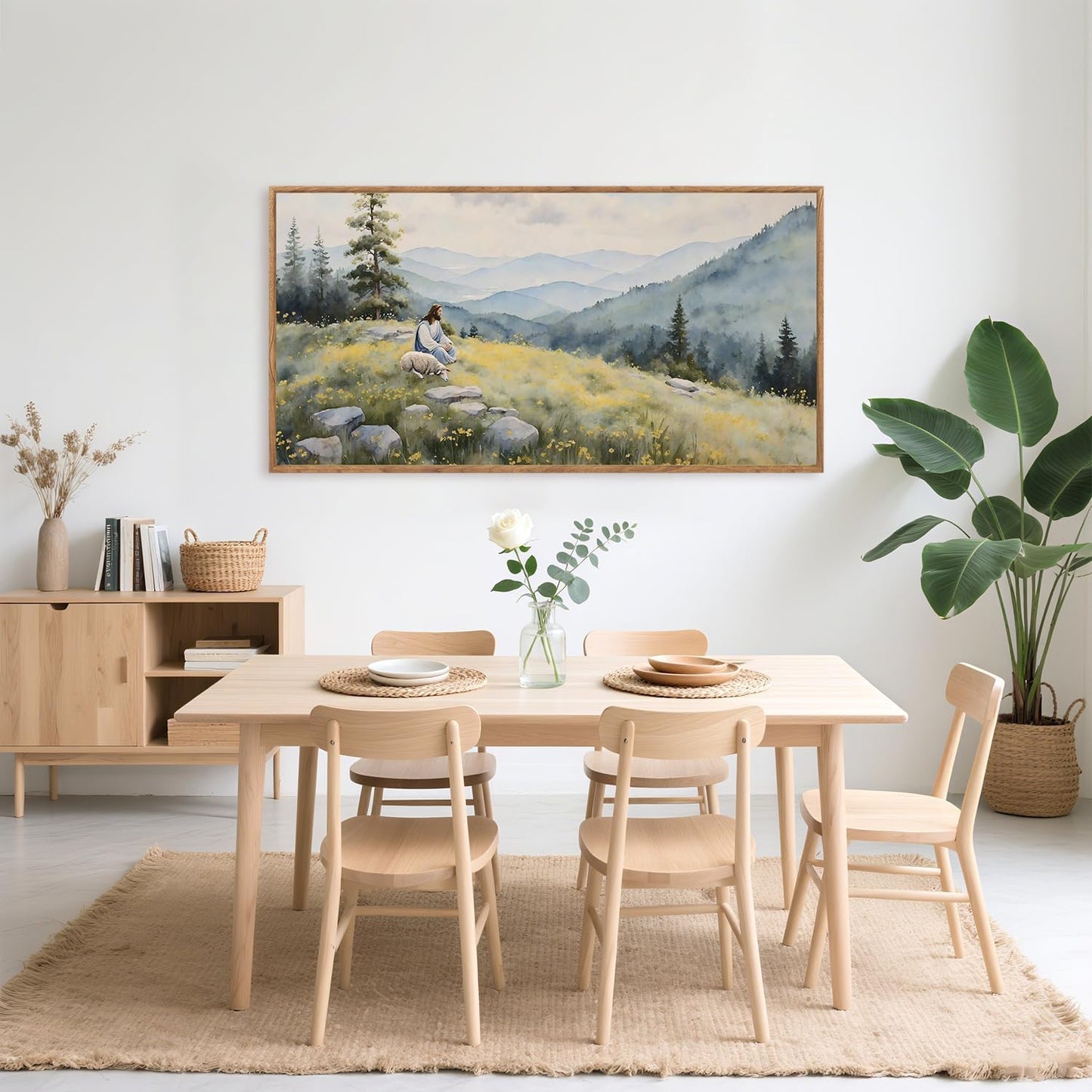 Aurlan Christian Jesus with Lost Sheep Wall Art(40"x20"), Boho Religious Lamb The Good Shepherd Psalm 23 Canvas Artwork, Large Abstcat Watercolor Vintage Nature Landscape Bible Story Decor for Home Dining Room Christ Gift