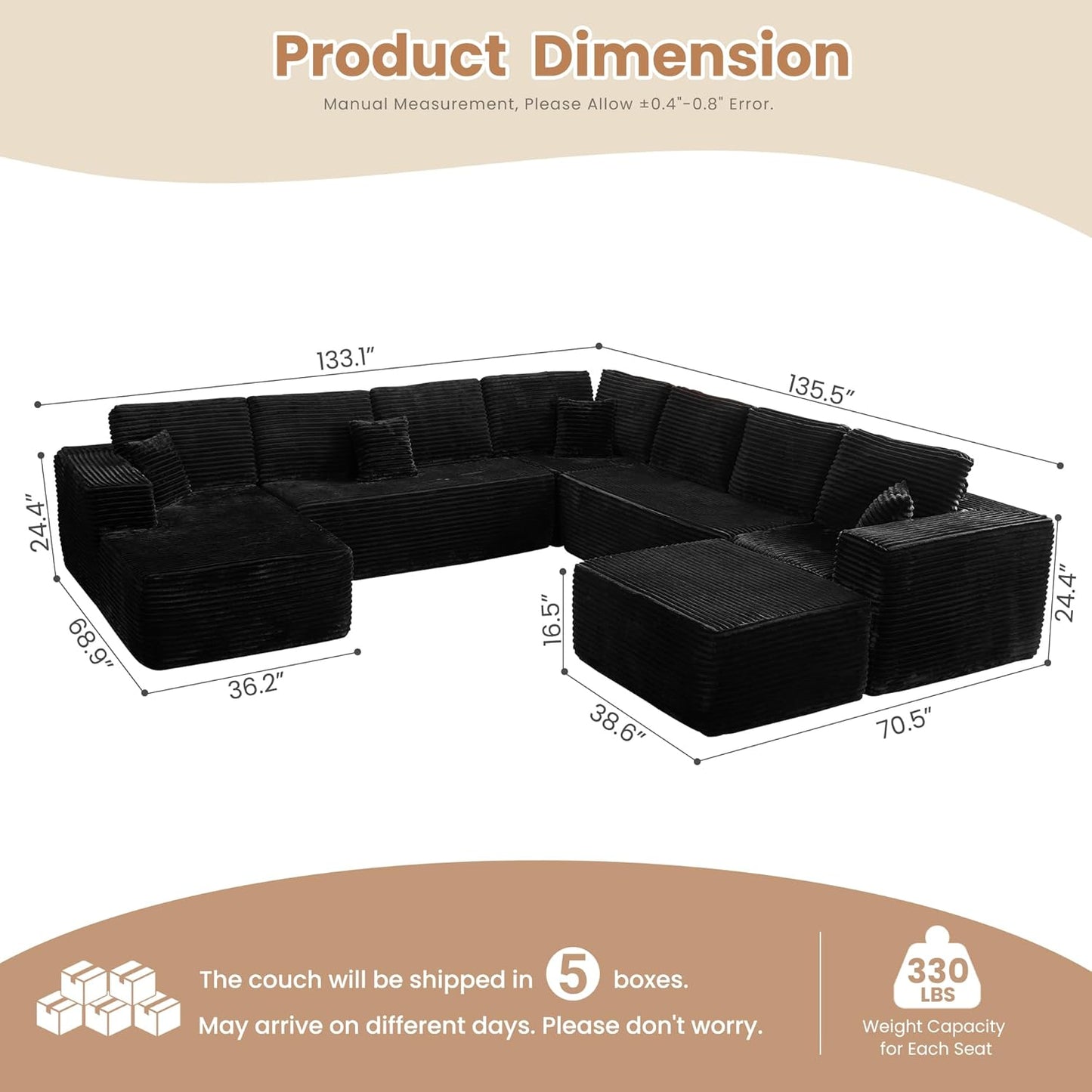 HOOOWOOO Cloud Sectional Couches for Living Room,Modular Sectional Sofa No Assembly,136X133 Inch Plush Corduroy Large G Shaped Floor Couch Set with Deep Seat Chaise Ottoman(Black)