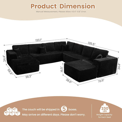 HOOOWOOO Cloud Sectional Couches for Living Room,Modular Sectional Sofa No Assembly,136X133 Inch Plush Corduroy Large G Shaped Floor Couch Set with Deep Seat Chaise Ottoman(Black)