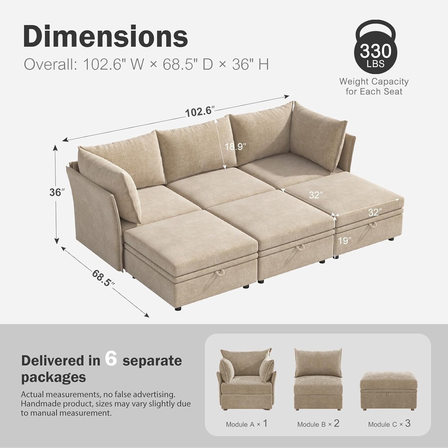 102.6" Luxury Modular Sleeper Sofa Bed 6 Seat Reversible Sectional Couch Deep Seat with Storage Chaises Removable Cover for Living Room, Apartment - Chenille Beige