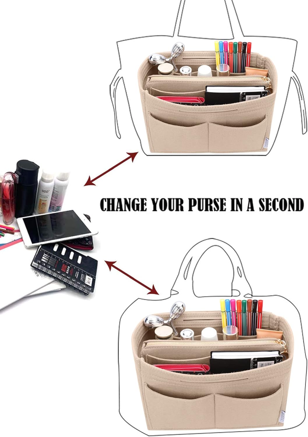 LEXSION Felt Purse Bag Organizer Insert with zipper Bag Tote Shaper Fit Speedy Neverful PM MM