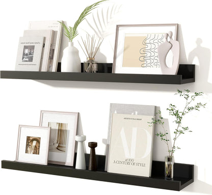 Fun Memories Picture Ledge Shelves Set of 2, 24 Inch Rustic Wall Mounted Floating Shelves with Lip for Home Storage and Décor in Bathroom, Kitchen, Nursery, Bedroom, Living Room, Black