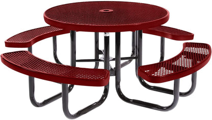 Coated Outdoor Furniture Heavy-Duty Portable Outdoor Picnic Table with Umbrella Hole, Expanded Metal Commercial-Grade Patio Dining Furniture Made in America (46" Round Top, Textured Burgundy)