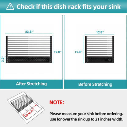 Roll Up Dish Drying Rack, Expandable (12.8"-23.8" D x 12.8" W) Stainless Steel Portable Over The Sink Dish Drainer for Kitchen Sink Counter, Foldable Sink Cover with Removable Utensil Holder