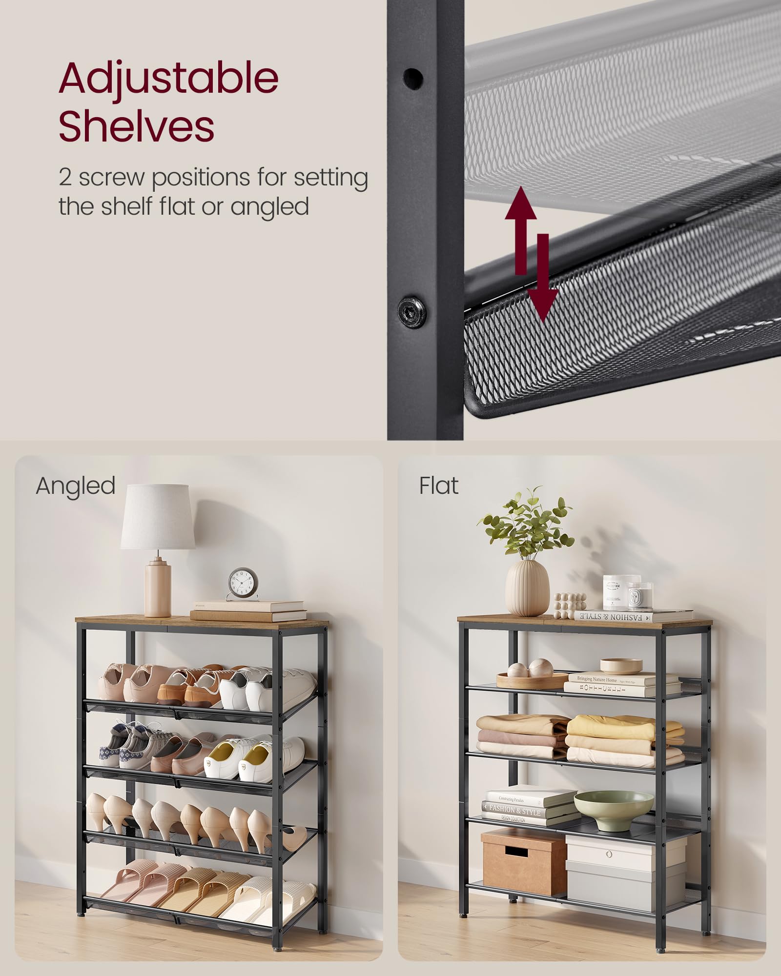 VASAGLE Shoe Rack for Entryway, Freestanding, Adjustable, Industrial