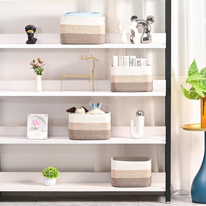 Shelf Baskets for Organizing, Storage Baskets for Shelves, Woven Baskets for Storage, Cotton Rope Baskets with Handles for Toy, Book, Clothes, 12.5"Lx9.1W"x7.9H", (4 Packs) Gradient Brown