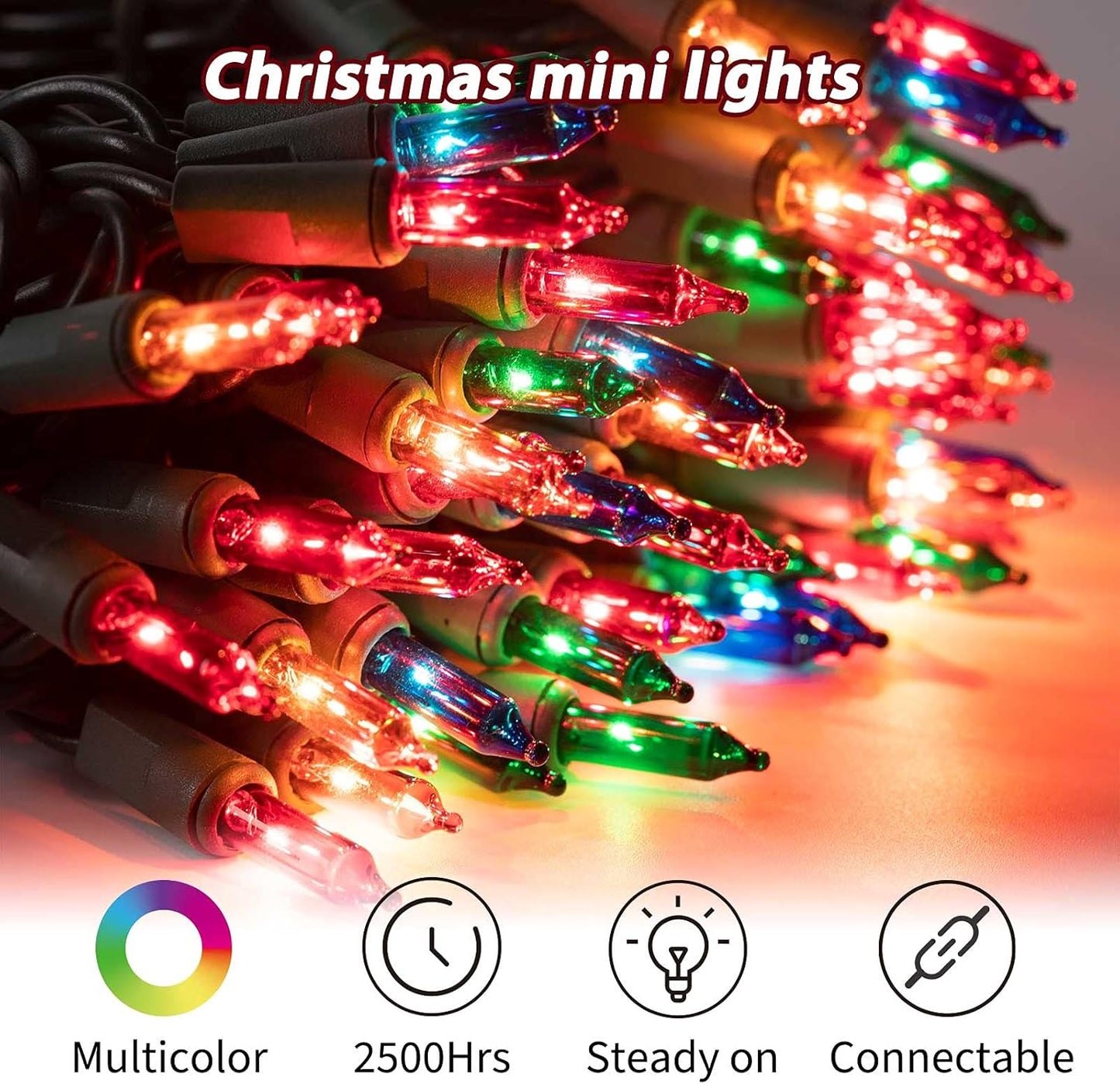 Minetom Clear Christmas Lights 2 Pack 26.5 Feet 100 Counts Mini String Lights Waterproof for Indoor Outdoor Patio Wreath Garden Wedding Party Thanksgiving Holiday Xmas Tree Decorations, Multicolored