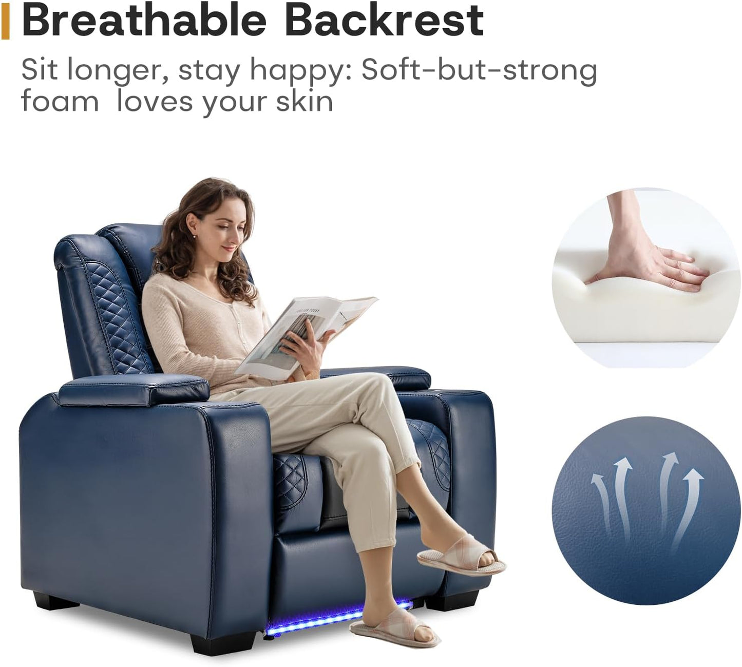 ANJ Power Home Theater Seating, PU Leather Electric Recliner Chair with Powered Headrest, Dual Motors Movie Reclining Chairs with LED Lights,USB Port, Cup Holders, Hidden Arm Storage (Blue & Black)