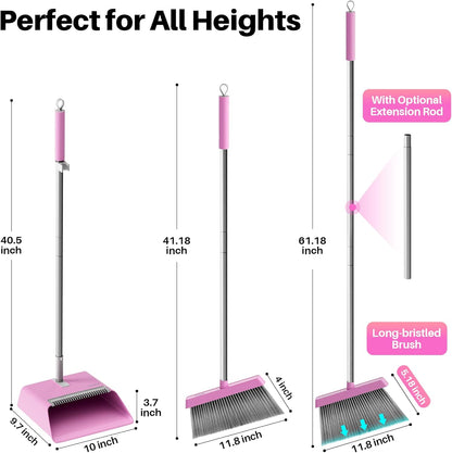 JOYMOOP Pink Broom and Dustpan Set with 56” Handle, Upright Angle with Built-in Comb Teeth for Hardwood Floors and Pet Hair