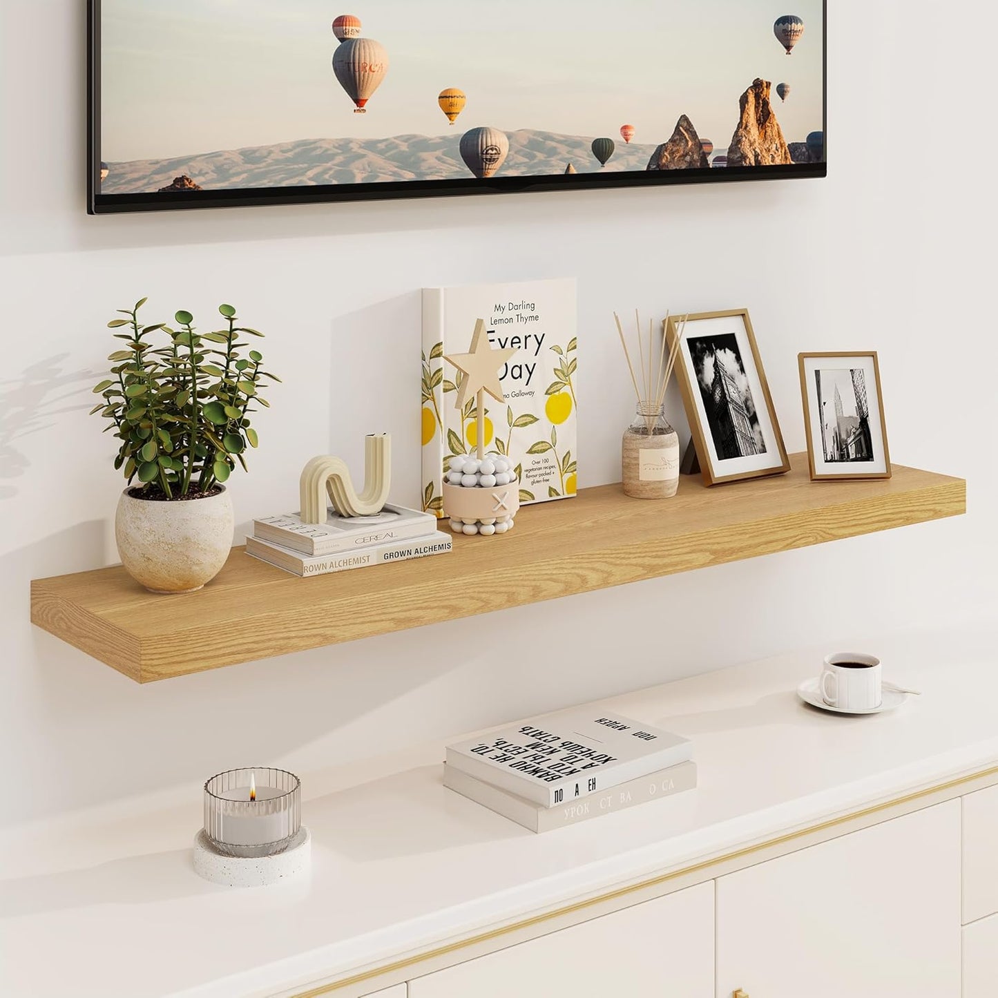 Fun Memories Floating Shelves, 8 Inch Deep Floating Shelves, Rustic Wood Fireplace Mantel 48 in Long, 48 x 8 Floating Wall Shelves for Living Room, Kitchen, Bedroom, Oak Color, 1 Pack