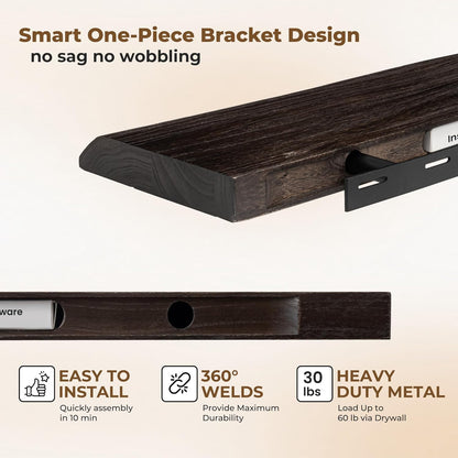 Axeman 48 inch Floating Shelves for Wall - 8'' D Live Edge Rustic Solid Elm Wood Floating Shelves Wall Mounted, Hanging Shelves with Invisible Bracket for Living Room Bedroom Kitchen, Walnut