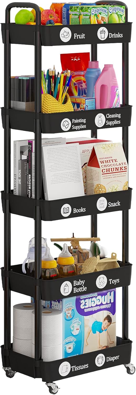 Laiensia Storage Cart,Multifunction Utility Rolling Cart Kitchen Storage Organizer,Mobile Shelving Unit Cart with Lockable Wheels for Bathroom,Laundry,with Classified Stickers