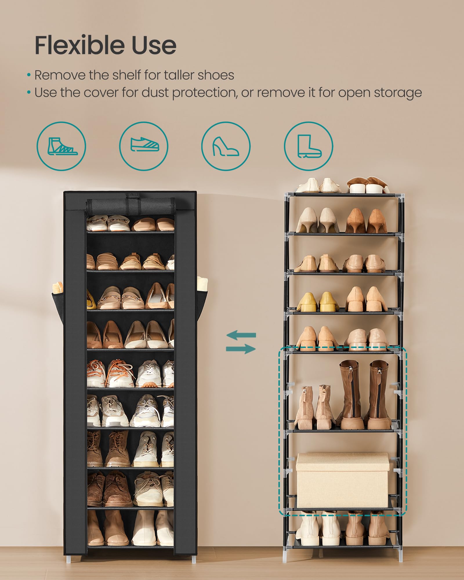 SONGMICS 10-Tier Shoe Rack, Shoe Storage Cabinet with Dustproof Cover, Free-Standing Storage