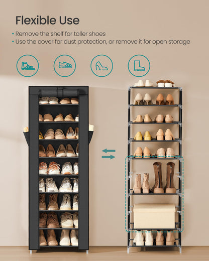 SONGMICS 10-Tier Shoe Rack, Shoe Storage Cabinet with Dustproof Cover, Free-Standing Storage