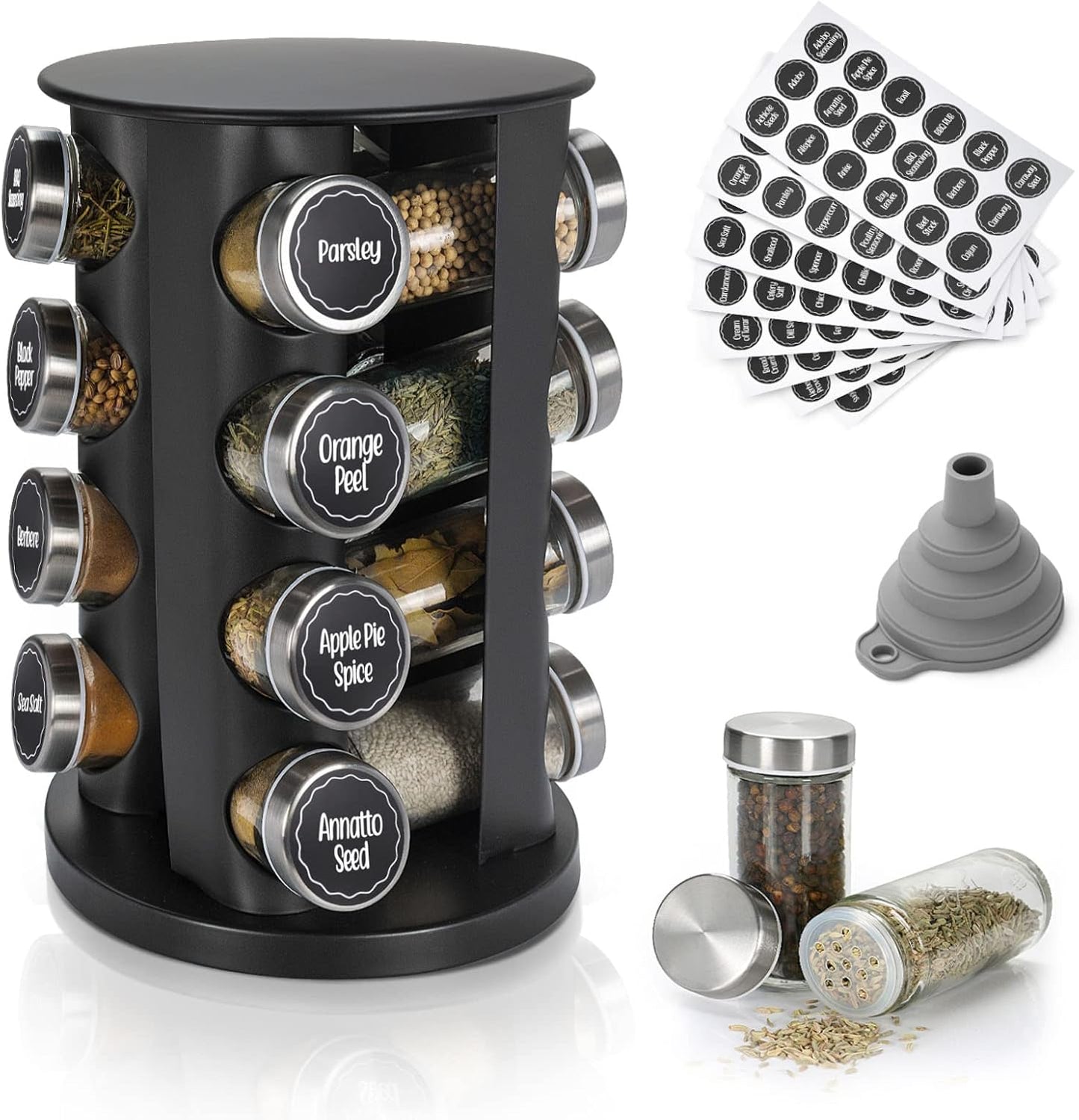 Black Countertop Rotating Spice Rack, 16-Jars Revolving Spice Rack Organizer Tower, 135 Spice Labels with Funnel Complete Set, Seasoning Organizer for Kitchen Countertop, Cabinet