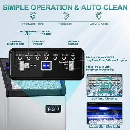Commercial Ice Maker 260Lbs/24H, Ice Machine 72pcs Ice Cubes, Freestanding Ice Maker Machine with Water Line and Filter, 55Lbs Storage Ice Bin, Stainless Steel Undercounter Ice Maker for Home,Shop,Bar